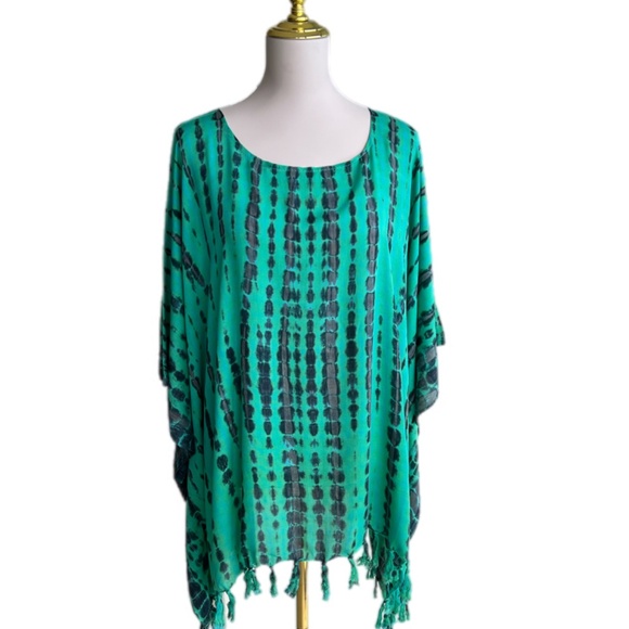 0072/ Teal Black Multicolor Poncho with fringed, Tie Dye Poncho - Picture 7 of 8